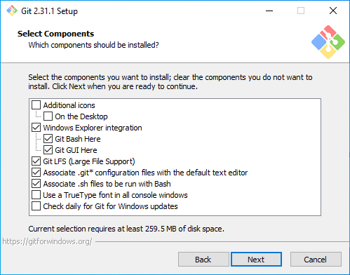 Memilih komponen install Git